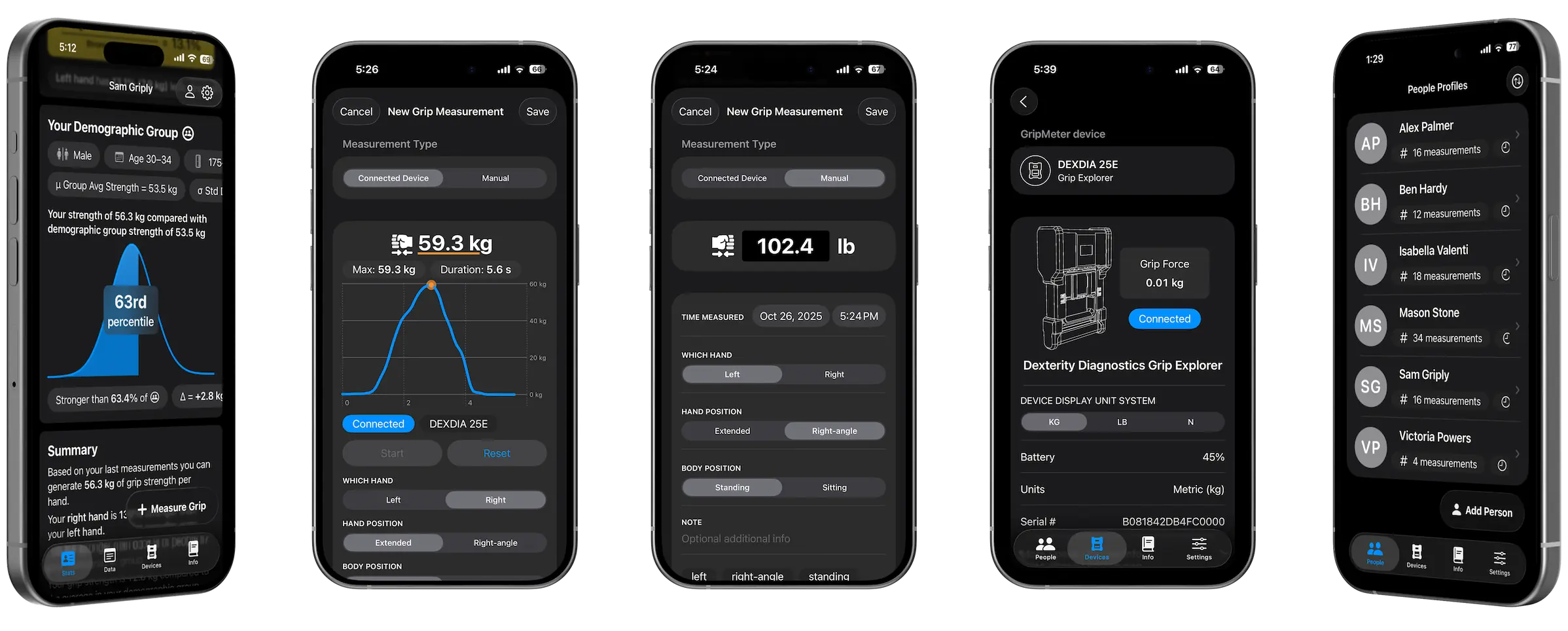 Example screenshots of the GripMeter app