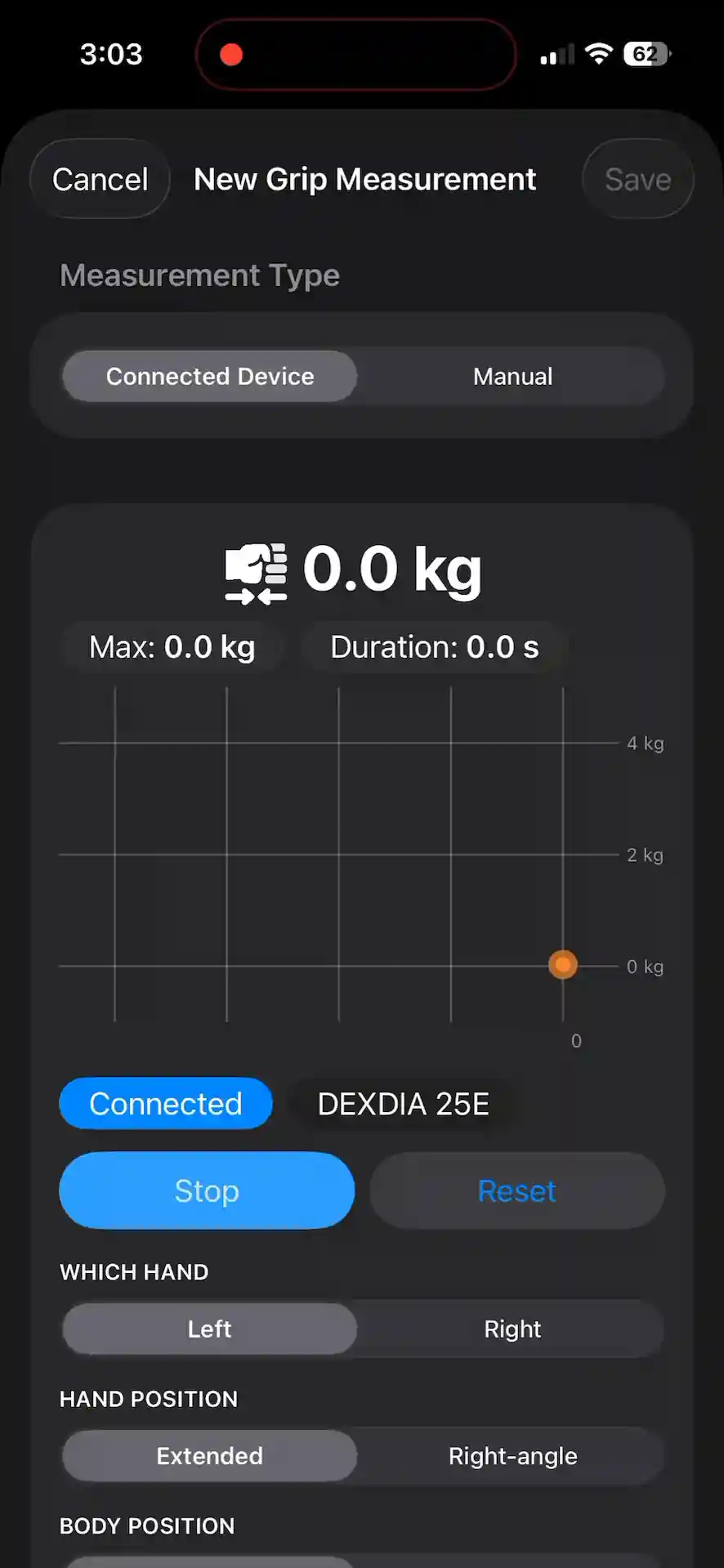 iPhone 15 Pro with GripMeter app showing recording of grip strength measurement